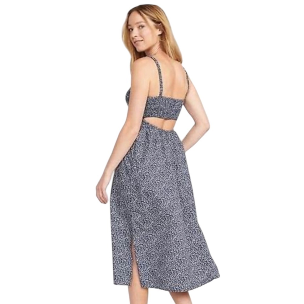 Old Navy Fit & Flare Cotton Poplin Smocked Cutout Cami Midi Dress Blue Floral XL